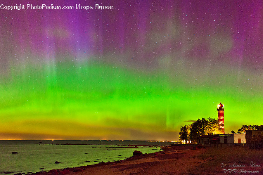 Aurora, Light, Night, Outdoors, Beacon, Building, Lighthouse