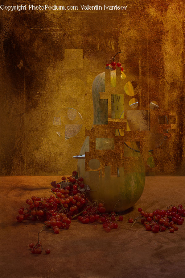 Cherry, Fruit, Grapes, Fence, Wall, Pot, Pottery