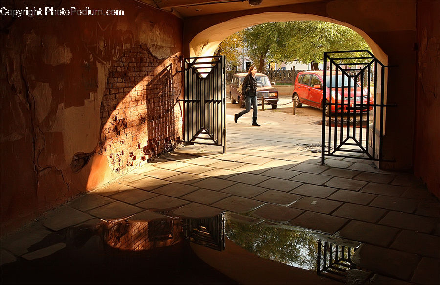 Puddle, Arch, Gate, Boardwalk, Path, Pavement, Sidewalk