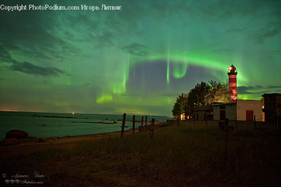 Beacon, Building, Lighthouse, Water Tower, Aurora, Light, Night