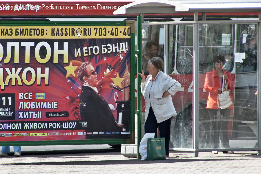 People, Person, Human, Bus, Vehicle, Billboard, Flyer