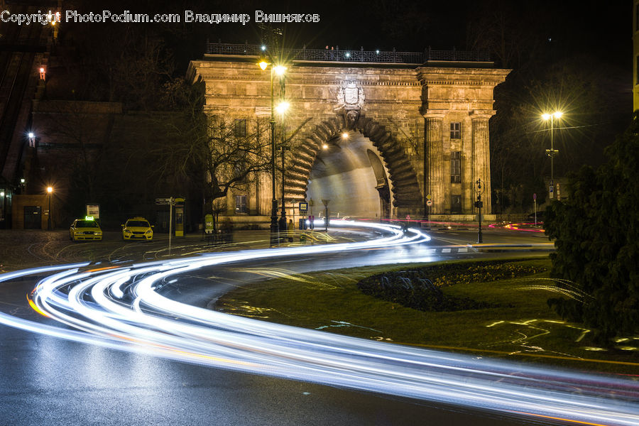 Night, Outdoors, Intersection, Road, Fountain, Water, Bush