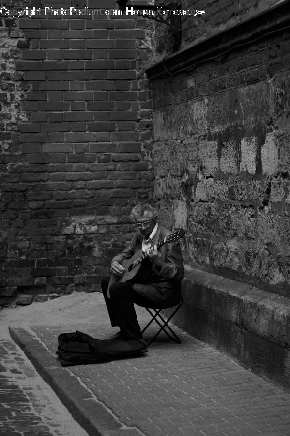 Guitar, Guitarist, Musical Instrument, Musician, Performer, Person, Brick