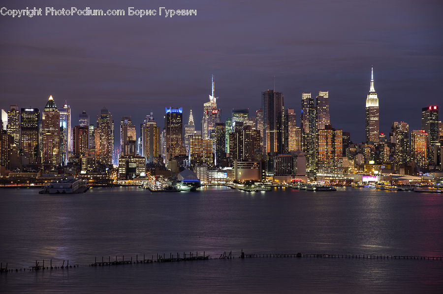 City, Downtown, Metropolis, Urban, Night, Outdoors, Harbor