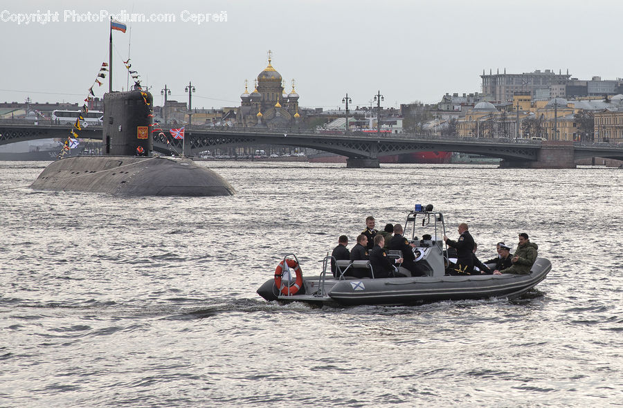 Submarine, Bridge, Boat, Yacht, Watercraft, City, Downtown