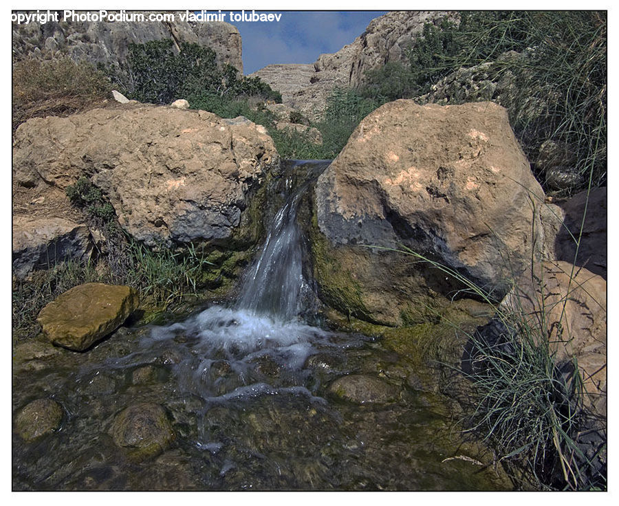 Cliff, Outdoors, River, Water, Waterfall, Bush, Plant