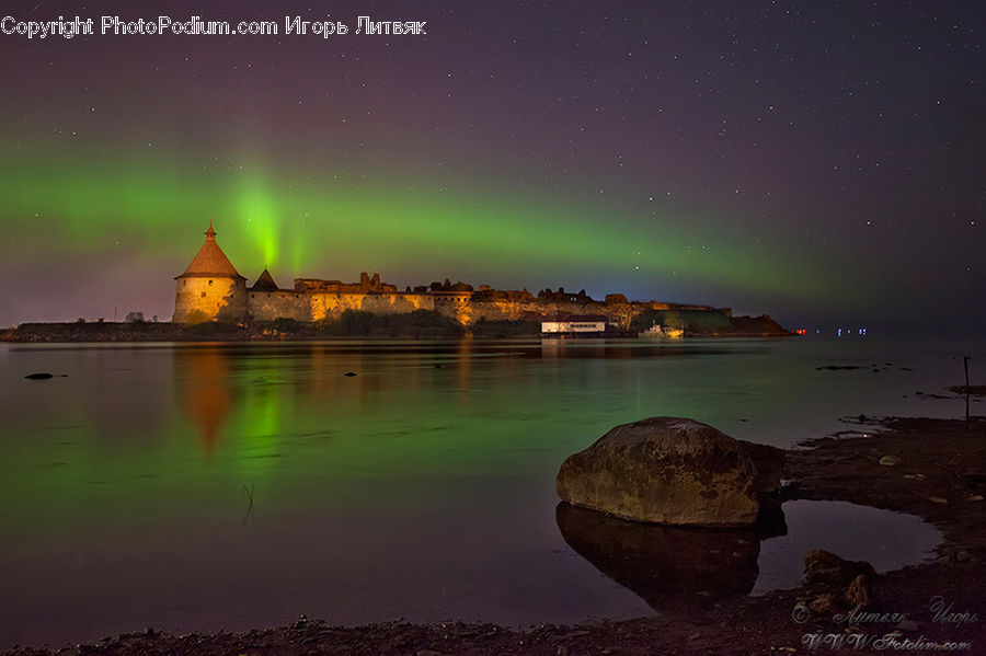 Aurora, Light, Night, Outdoors, Architecture, Castle, Fort