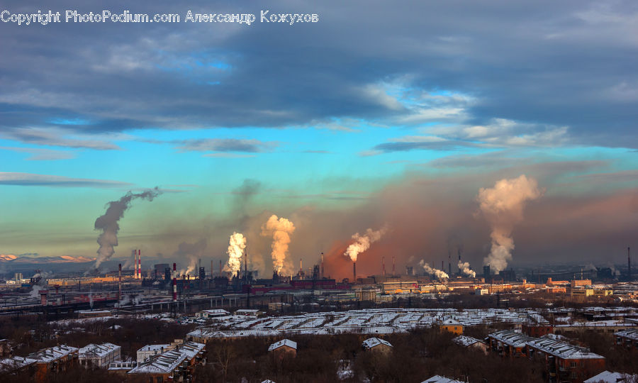 Factory, Refinery, City, Downtown, Metropolis, Urban, Azure Sky