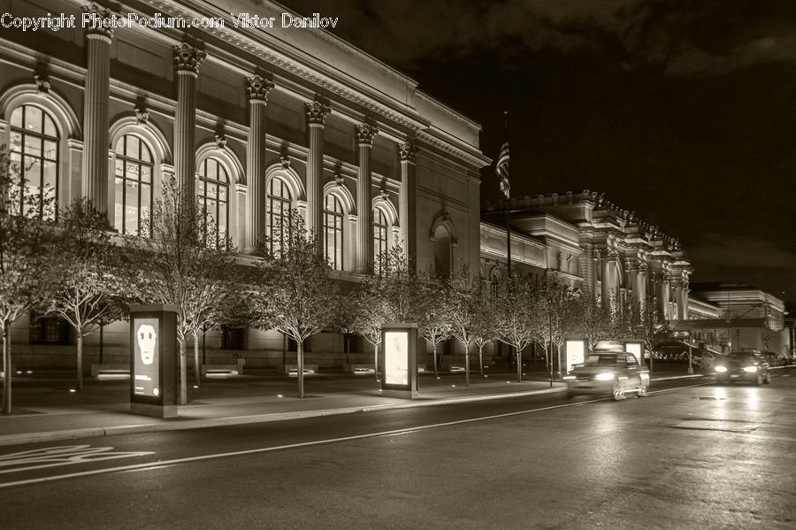 Bench, Night, Outdoors, Bus Stop, City, Downtown, Urban
