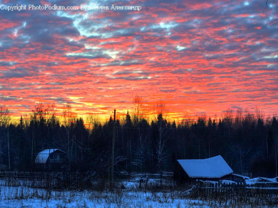 Dawn, Dusk, Red Sky, Sky, Sunrise, Sunset, Cabin