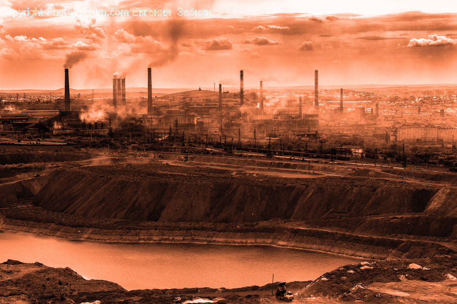Factory, Refinery, Dawn, Dusk, Sky, Sunrise, Sunset