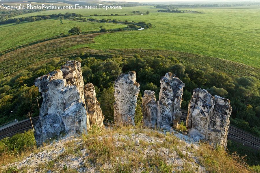 Field, Grass, Grassland, Land, Outdoors, Rock, River
