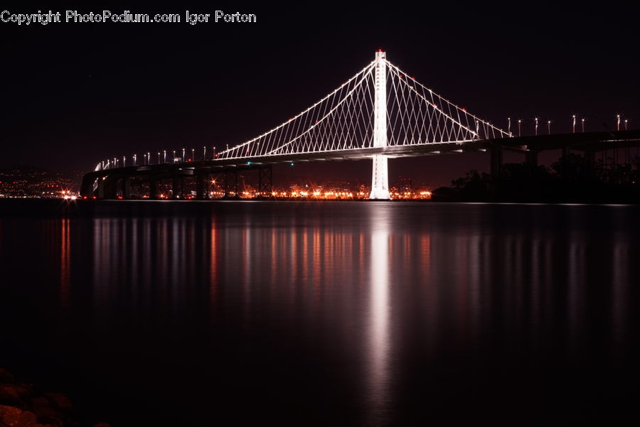 Bridge, City, Downtown, Metropolis, Urban, Suspension Bridge, Night