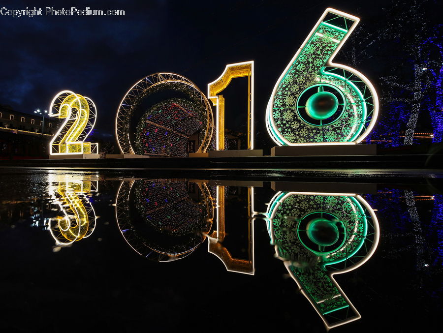 Ferris Wheel, Night, Outdoors, Emblem, Logo, Amusement Park, Alphabet