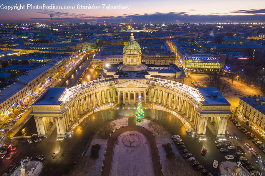 Tomb, City, Downtown, Architecture, Dome, Aerial View, Night