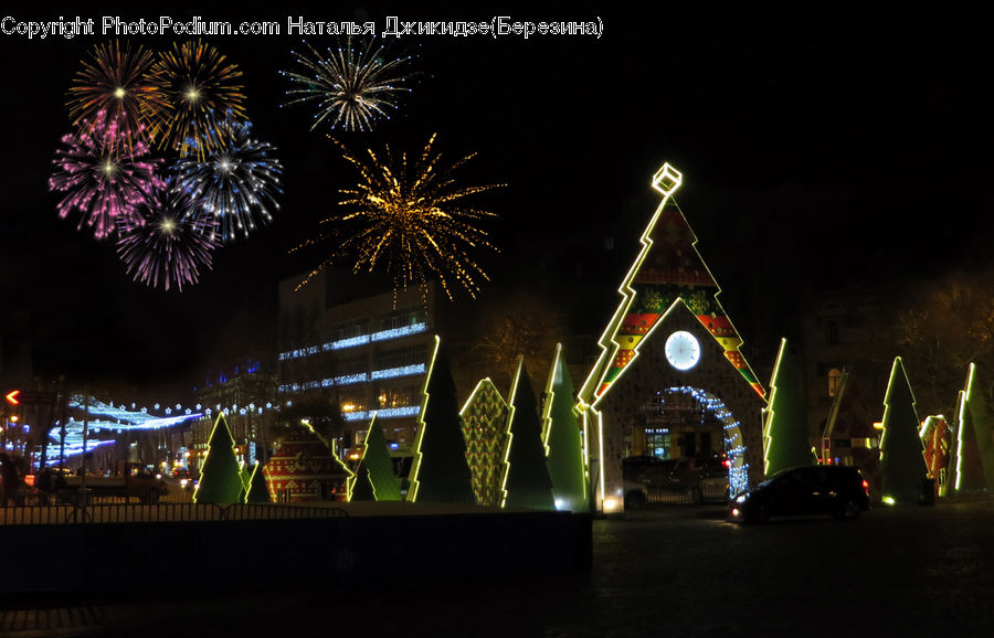 Fireworks, Night, Outdoors, Lighting, Architecture, Bell Tower, Clock Tower