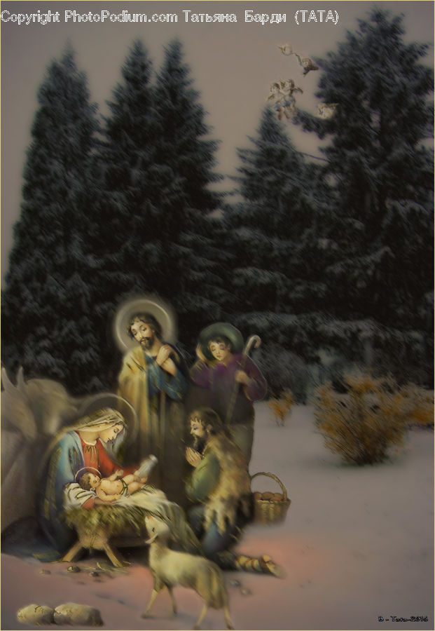 Art, Painting, Conifer, Fir, Plant, Tree, Person