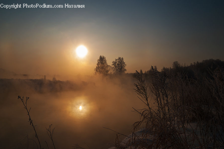 Dawn, Dusk, Sky, Sunrise, Sunset, Fog, Field