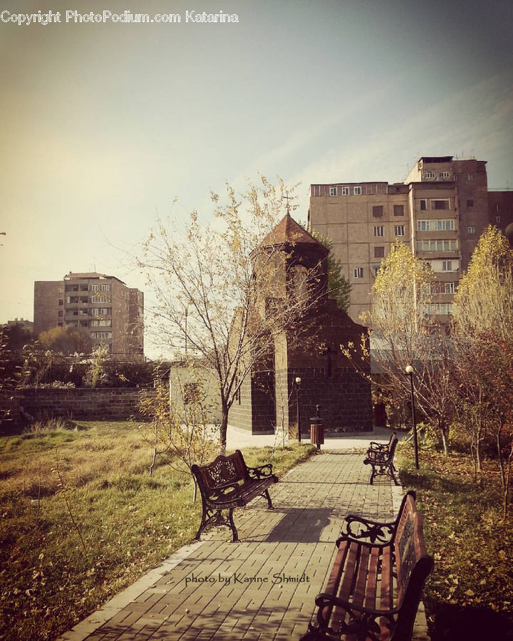 Bench, Ruins, Cobblestone, Pavement, Walkway, City, Downtown