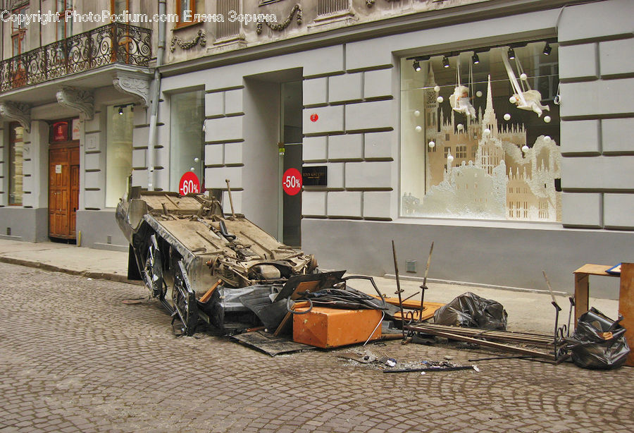 Rubble, Cobblestone, Pavement, Walkway, Army, Tank, Vehicle