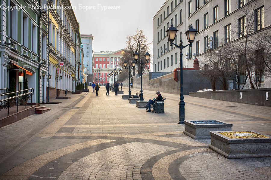 Lamp Post, Pole, Road, Street, Town, Bench, Building