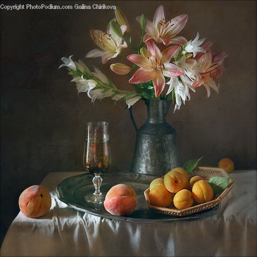Glass, Goblet, Plant, Potted Plant, Fruit, Peach, Citrus Fruit