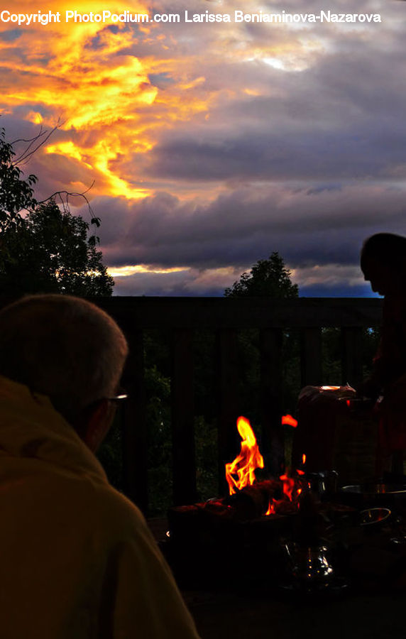 Plant, Potted Plant, People, Person, Human, Fire, Dusk
