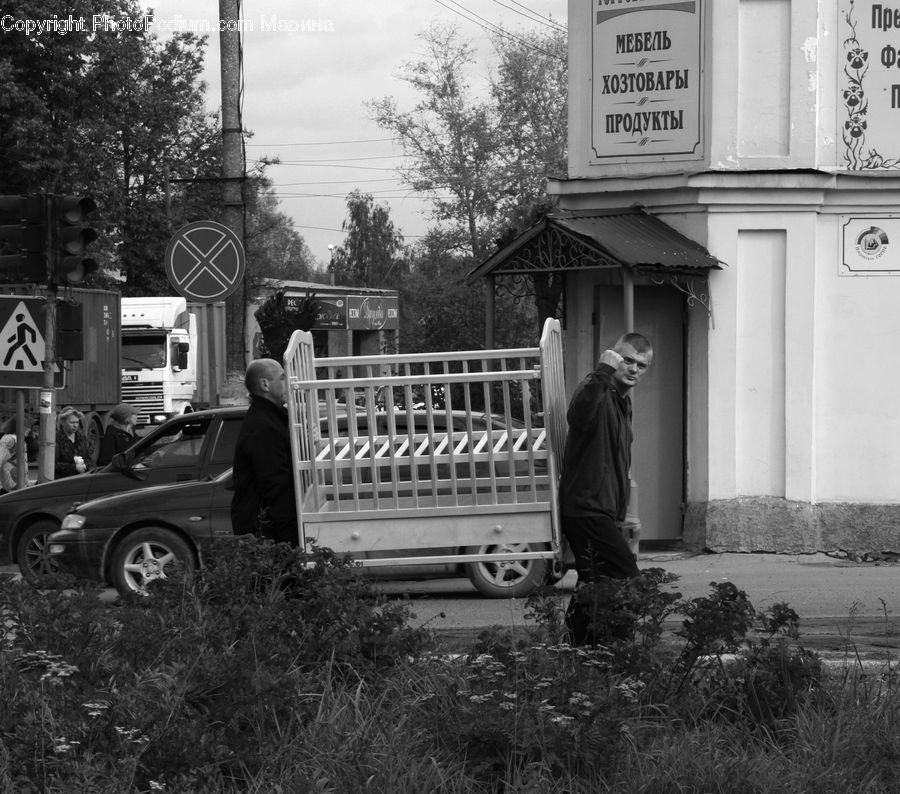 Bench, Car, Van, Automobile, Sedan, Vehicle, Downtown