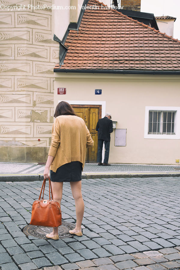 People, Person, Human, Roof, Tile Roof, Bag, Shorts
