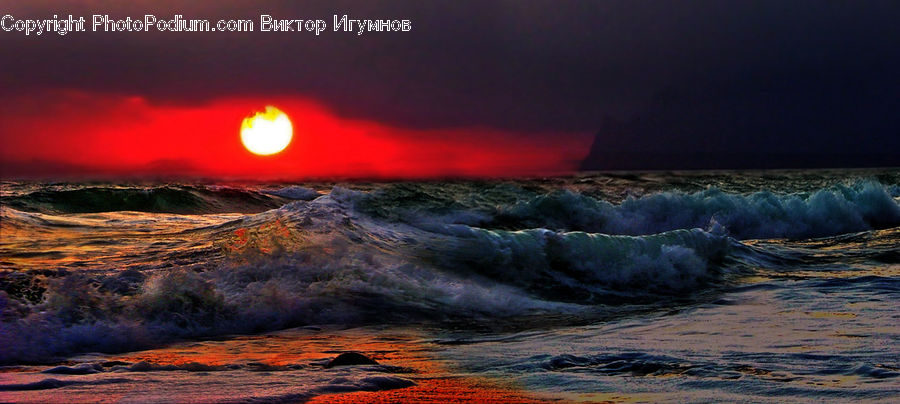 Outdoors, Sea, Sea Waves, Water, Dawn, Dusk, Red Sky
