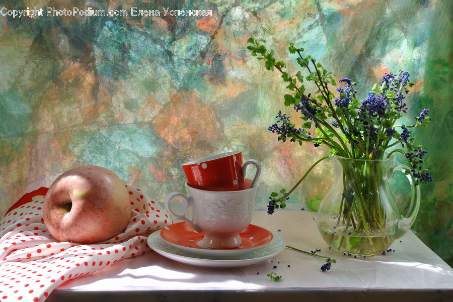 Bagel, Bread, Food, Plant, Potted Plant, Cup, Porcelain