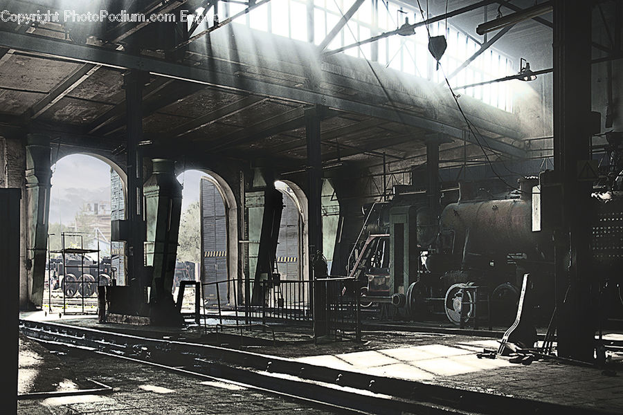 Intersection, Road, Train, Vehicle, Factory, City, Downtown