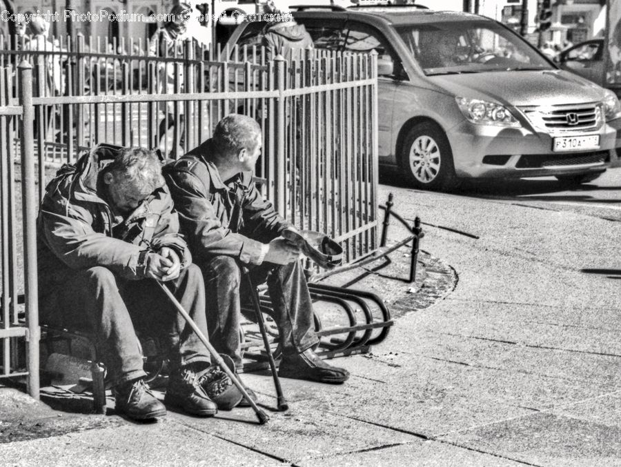 People, Person, Human, Bench, Car, Van, Automobile