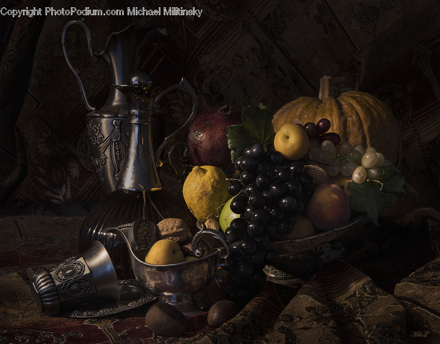 Fruit, Grapes, Squash, Vegetable, Glass, Goblet, Basket