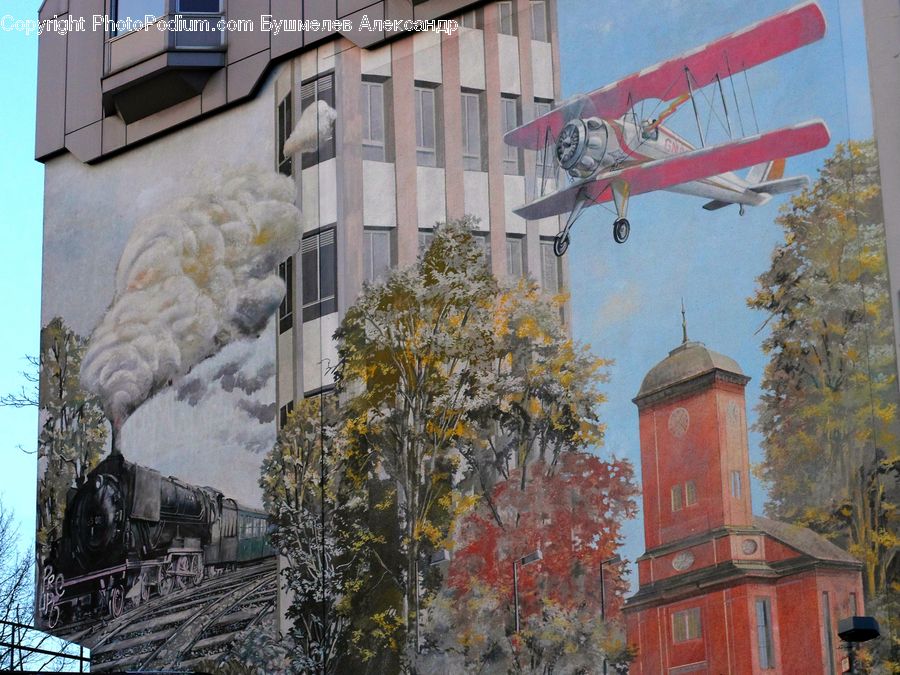 Aircraft, Airplane, Biplane, Train, Vehicle, Brick, Architecture