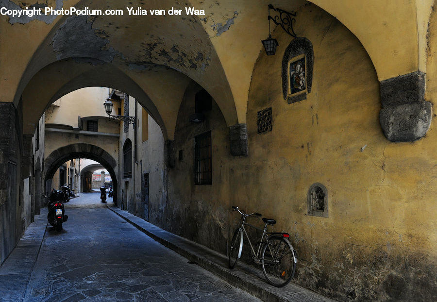 Bicycle, Bike, Vehicle, Fence, Wall, Aisle, Corridor
