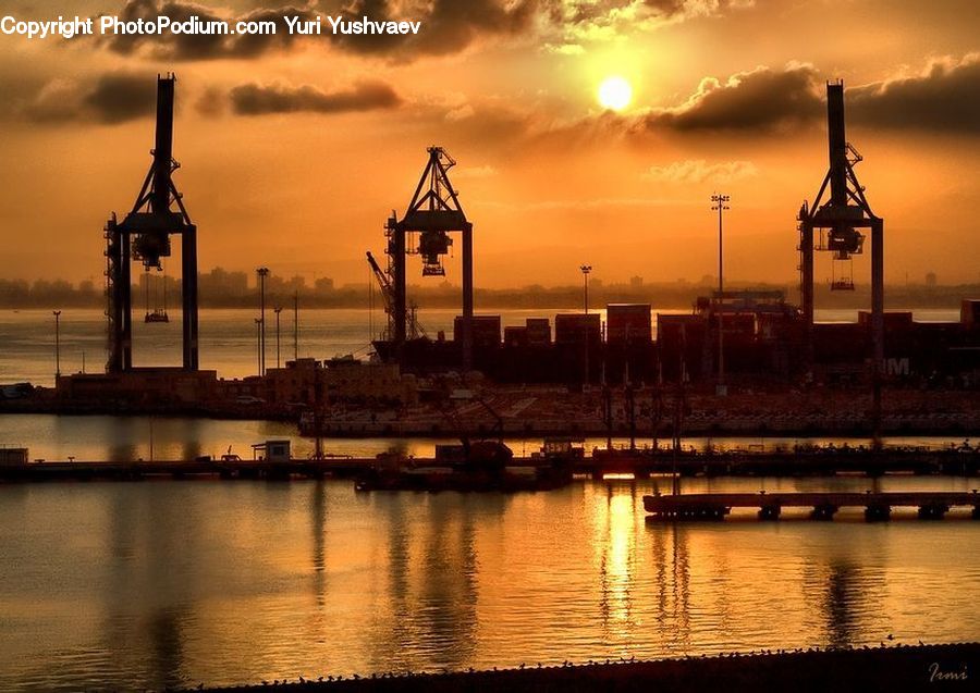 Barge, Boat, Tugboat, Vessel, Constriction Crane, Dawn, Dusk