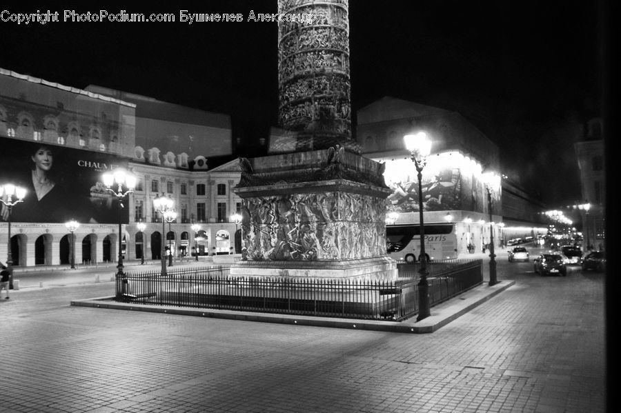 Night, Outdoors, City, Downtown, Urban, Architecture, Plaza