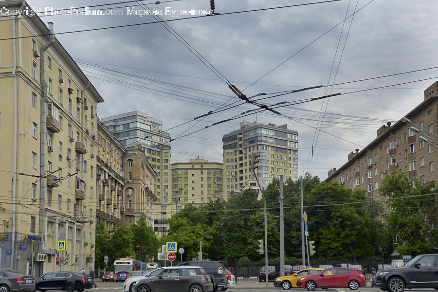 Cable, Electric Transmission Tower, Power Lines, Intersection, Road, Building, Freeway