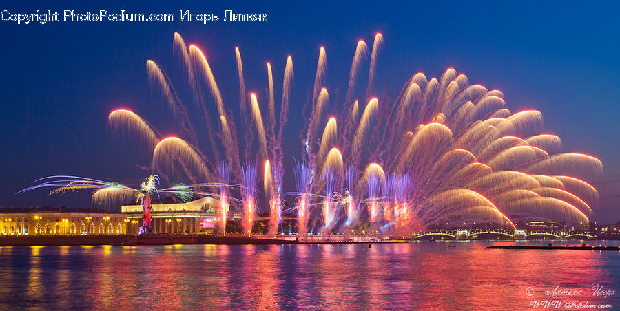 Fireworks, Night, Fountain, Water, City, Downtown