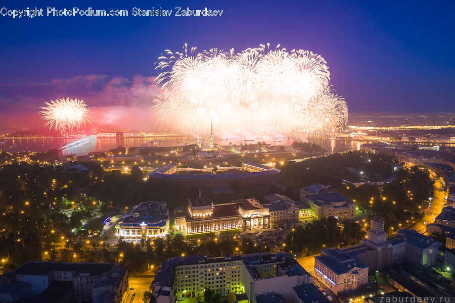 Fireworks, Night, City, Downtown, Metropolis, Urban, Outdoors