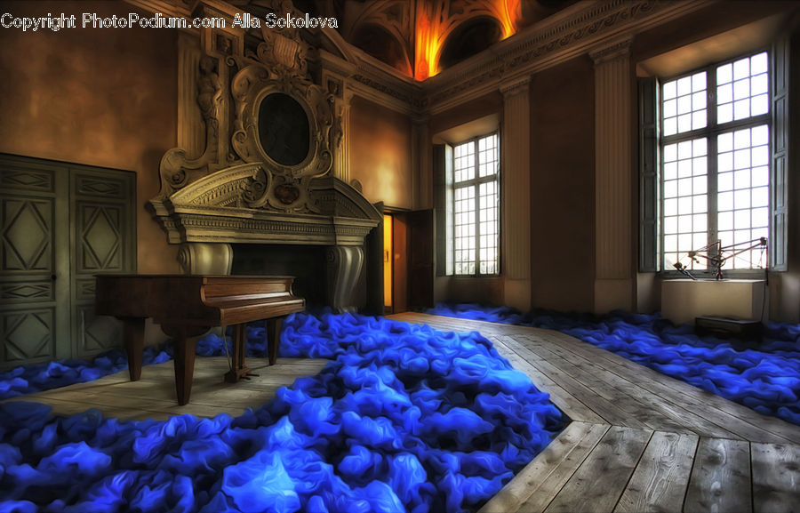Fireplace, Hearth, Grand Piano, Musical Instrument, Piano, Bed, Bedroom