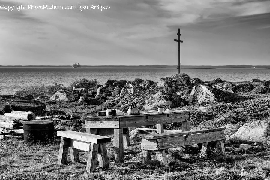 Bench, Bucket, Ruins, Countryside, Outdoors, Cabin, Hut