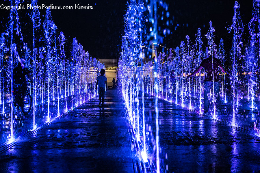 Fountain, Water, Night, Outdoors, Boardwalk, Path, Pavement
