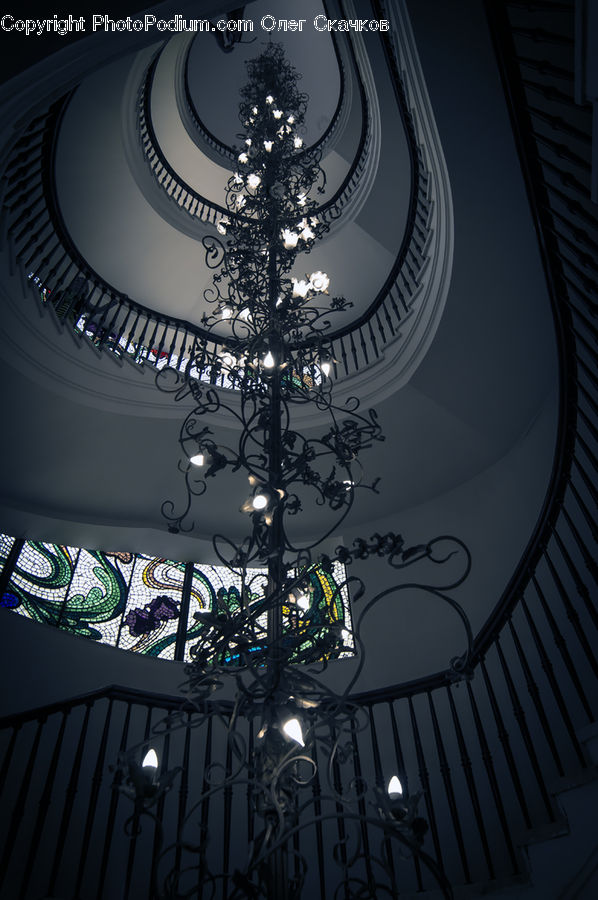 Chandelier, Lamp, Light Fixture, Banister, Handrail, Staircase, Art