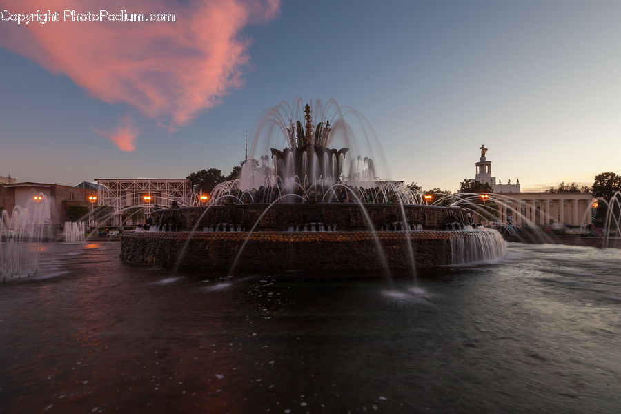 Fountain, Water, Road, Street, Town, Night, Outdoors