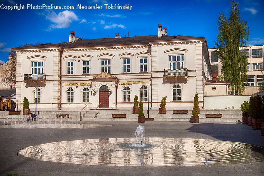 Building, Housing, Villa, Fountain, Water, Plant, Tree