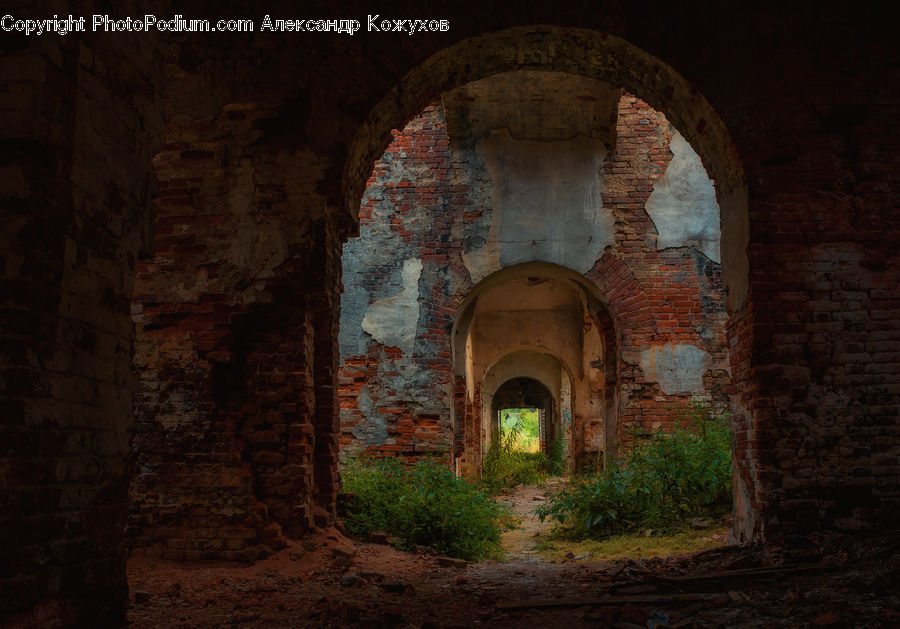 Brick, Ruins, Patio, Castle, Fort, Arch, Bush