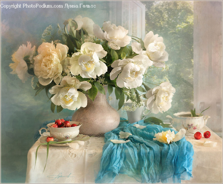 Art, Painting, Still Life, Blossom, Flower, Peony, Plant
