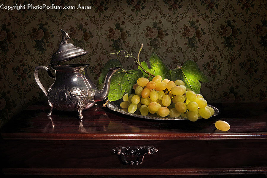 Fruit, Grapes, Pot, Pottery, Teapot, Glass, Goblet